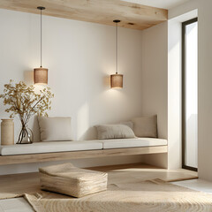 Room decorated in a rustic and minimalist style, using natural elements and neutral tones. 3d render.