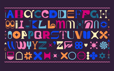 Geometric font. Abstract alphabet shape. Brutalism design. Uppercase letter cool typography. Y2k typeface. Typo type trendy figure. Modern headline alphabetical symbols. Vector graphic tidy icons set