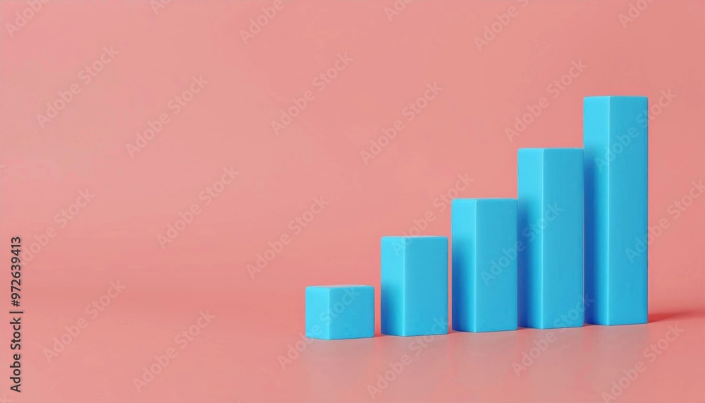Poster blue bar graph on a pink background representing growth, progress, and statistical data analysis. mi