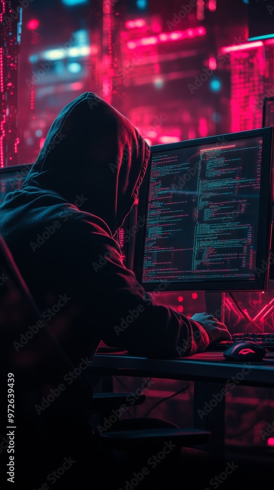 Aufkleber Hacker wearing a hood working at multiple screens with neon lighting and cyber data. Cyberattack and network breach concept.