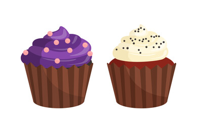 Set of birthday elements. Chocolate cupcakes. Dessert and delicacy. Bakery and pastry. Holiday and festival. Poster or banner. Flat vector collection isolated on white background