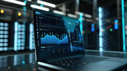 Close up of a laptop displaying data analytics on a dark background with glowing blue lights