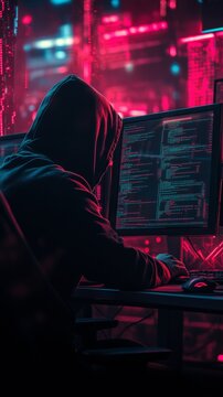 Hacker wearing a hood working at multiple screens with neon lighting and cyber data. Cyberattack and network breach concept.
