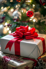 A close-up of a beautifully wrapped Christmas present with a big red bow, placed under a decorated tree with twinkling lights and shiny ornaments.