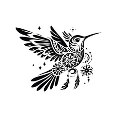 Fototapeta premium Hummingbird bird in bohemian black and white silhouette illustration