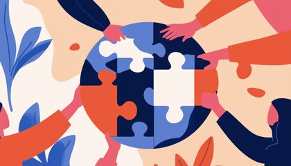 An abstract representation of a globe surrounded by diverse teams, each holding pieces of a puzzle, symbolizing teamwork and strategic outsourcing