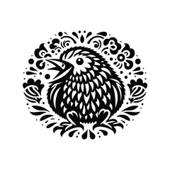Fototapeta premium Kiwi bird in folk art black and white silhouette illustration