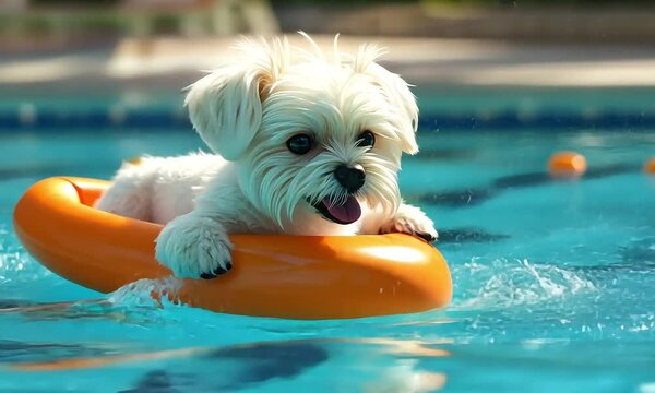 Adorable Dog Relaxing on Pool Float in Water with ai generated.
