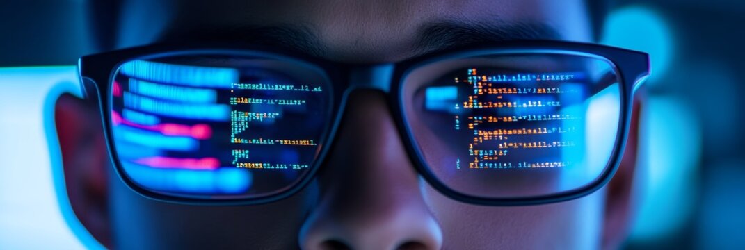 Side profile of a developer wearing glasses with code reflecting on lenses, highlighting technology, coding, and digital security.