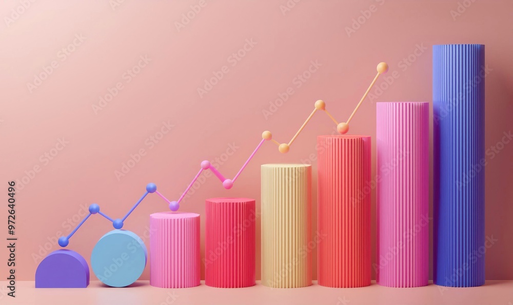 Poster colorful 3d bar graph on a pink background showing upward progress with different shapes and heights