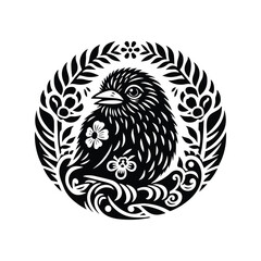 Obraz premium Kiwi bird in folk art black and white silhouette illustration