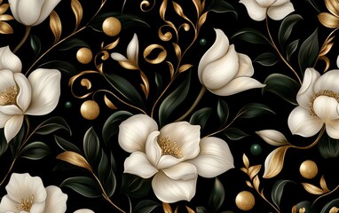 Intricate fantasy flowers like glowing orchids and moonflowers arranged in a symmetrical, vintage wallpaper pattern with gold and emerald accents