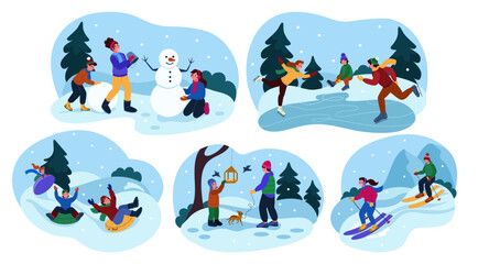 Family winter leisure. Children play on snow. Couple skating on river ice. Person happy to ski. Christmas holiday. Frozen park. Kids sledding down slope. Vector wintery tidy vacation activities set