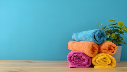 Colourful towels cloths on the wood table with blue background washing matching in the bacground and bathroom with background blue