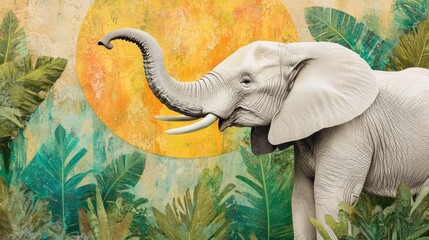 A painting of an elephant standing in front of a tropical jungle, AI