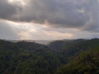 The view from the mountain cliff overlooks the expanse of the surrounding forest area