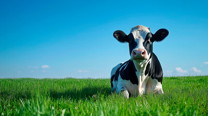Close-Up of a Black and White Milk Cow Laying on a Grass Field on a Sunny Day with Clear Blue Summer Sky in the Background