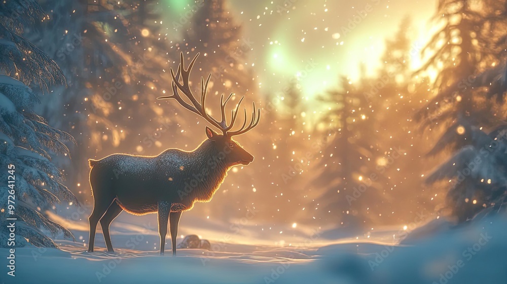 Aufkleber a serene winter scene featuring a solitary reindeer amidst falling snow and glowing light in a tranq