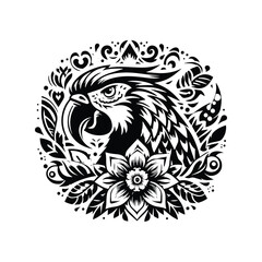 Obraz premium Macaw bird in folk art black and white silhouette illustration