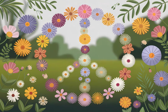 Vibrant floral peace symbol in garden. Nature-inspired graphic art. Harmony and peace concept. Ideal for environmental campaigns and events. Suitable for poster, banner, greeting card. - Powered by Adobe