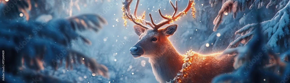 Poster magical reindeer in a snowy forest, adorned with sparkling lights, creating a whimsical winter atmos