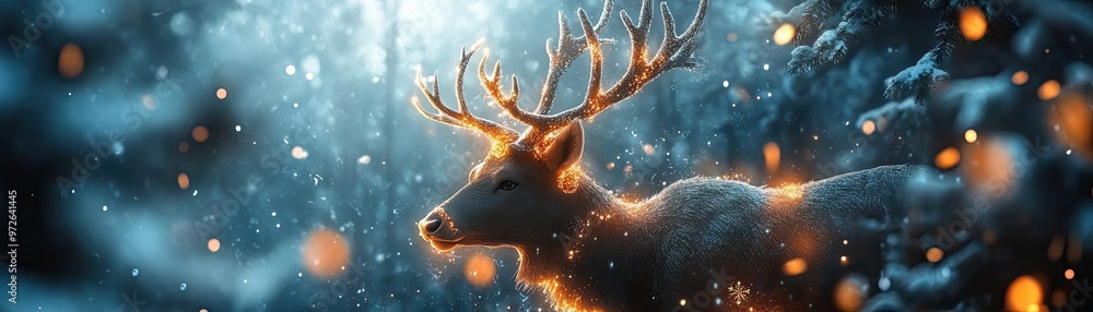 Poster A majestic deer illuminated by soft light, surrounded by enchanting snow and ethereal sparkles, creating a magical winter atmosphere.