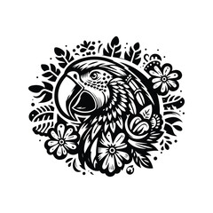 Fototapeta premium Macaw bird in folk art black and white silhouette illustration