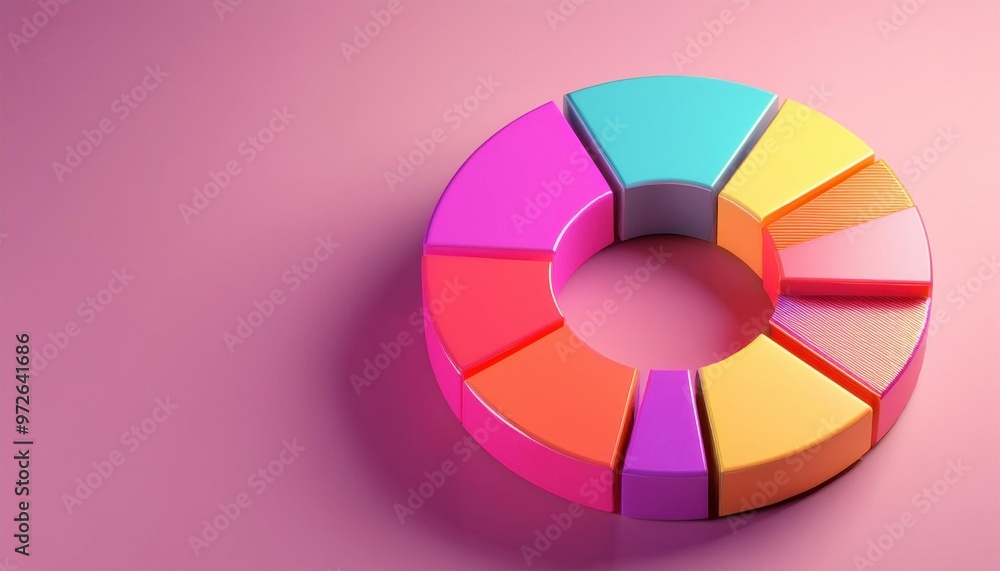 Poster colorful 3d pie chart on a pink background representing data visualization, business analysis, and s