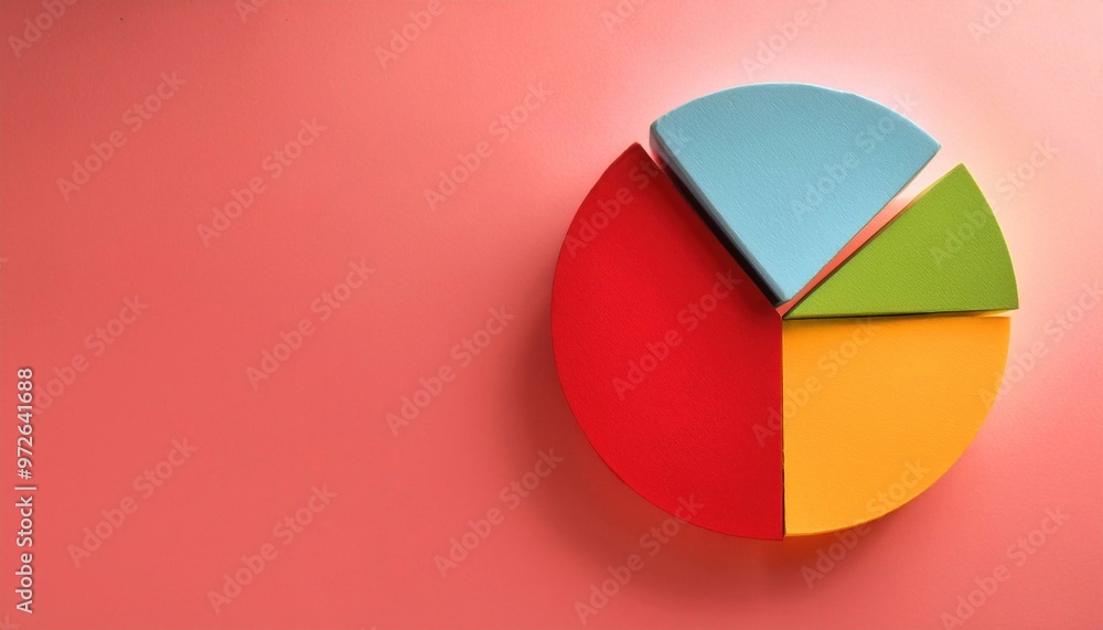 Poster colorful 3d pie chart on a red background, representing various data segments in business or financi