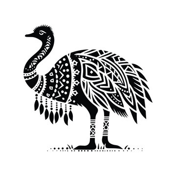 recommend clip art: Ostrich bird in bohemian black and white silhouette illustration