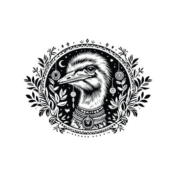 recommend clip art: Ostrich bird in bohemian black and white silhouette illustration