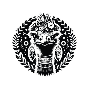 recommend clip art: Ostrich bird in bohemian black and white silhouette illustration