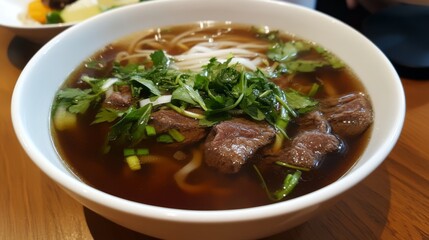 A bowl of Vietnamese pho with beef broth, rice noodles, beef, and herbs.