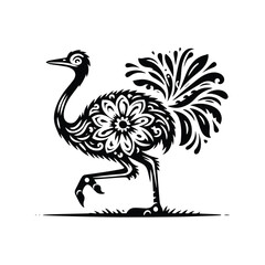 Naklejka premium Ostrich bird in folk art black and white silhouette illustration