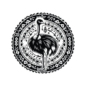 recommend clip art: Ostrich bird in bohemian black and white silhouette illustration