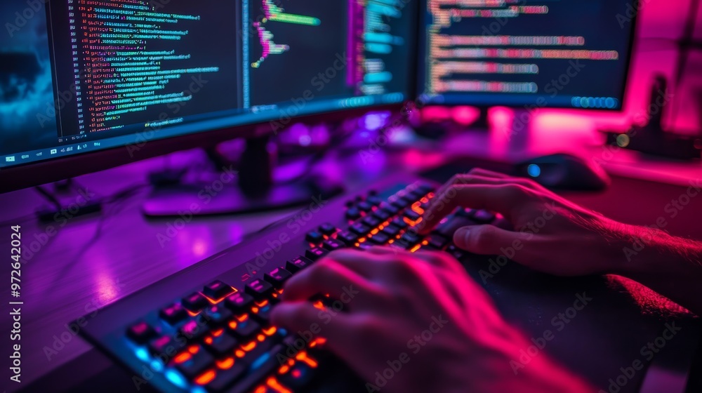 Poster Close-up of hands typing on a backlit keyboard with code on dual screens in a dark room. Vibrant colors highlight programming