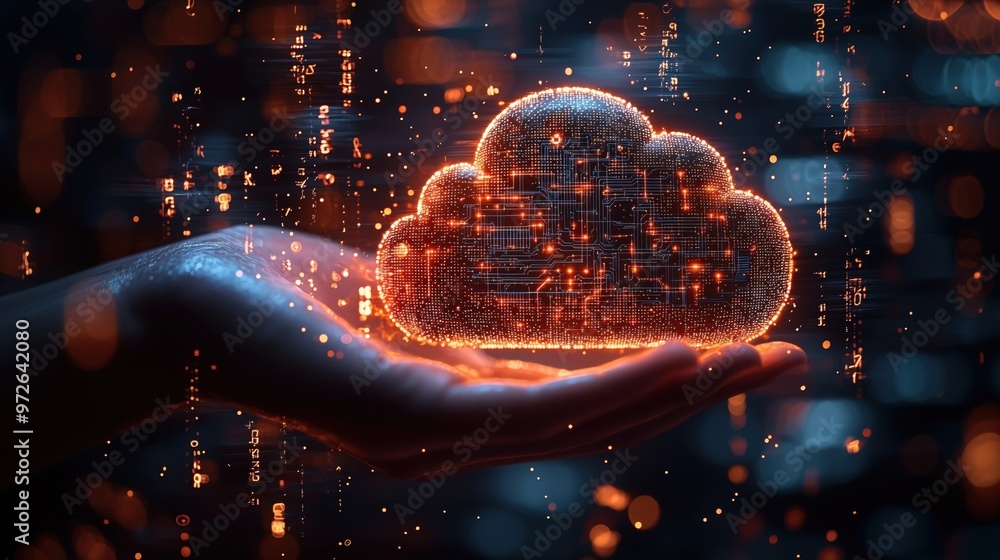 Aufkleber a hand holds a glowing cloud symbol, representing digital data storage and cloud computing technolog