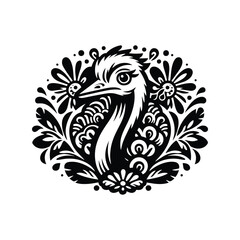 Ostrich bird in folk art black and white silhouette illustration