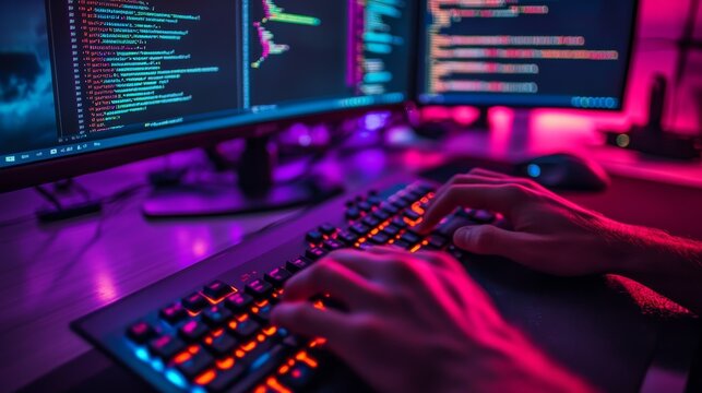 Close-up of hands typing on a backlit keyboard with code on dual screens in a dark room. Vibrant colors highlight programming