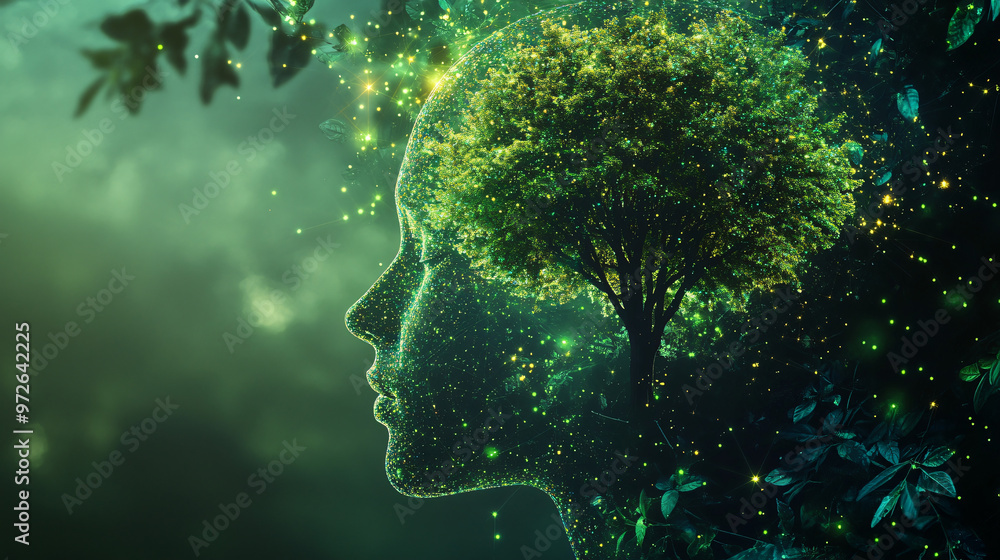 Aufkleber woman's face in profile made of radiant particles, with a tree overlay representing a connection to 