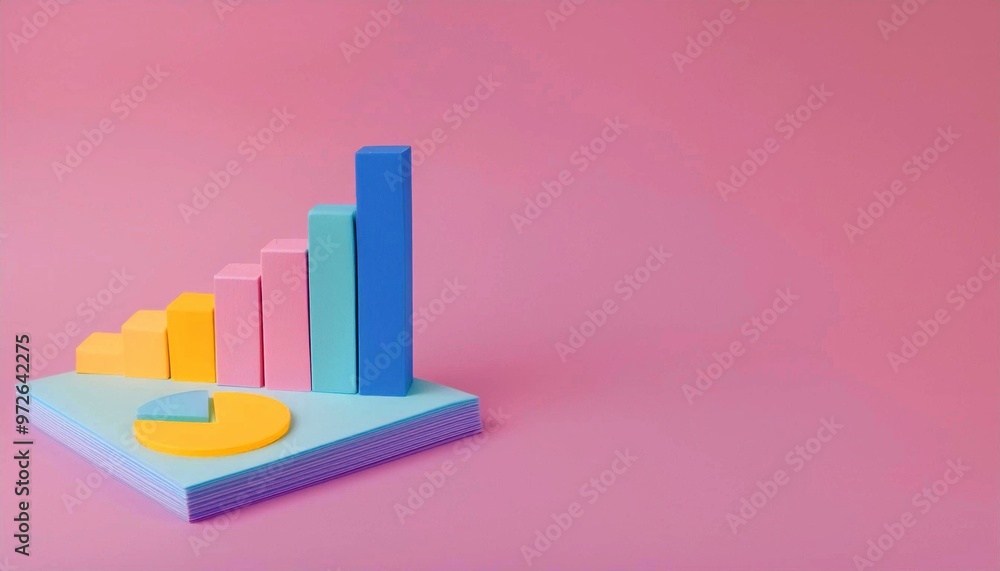 Poster colorful bar and pie chart models against a pink background illustrating business data and analytics