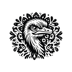 Obraz premium Ostrich bird in folk art black and white silhouette illustration