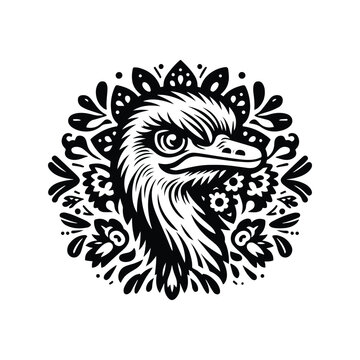 recommend clip art: Ostrich bird in folk art black and white silhouette illustration