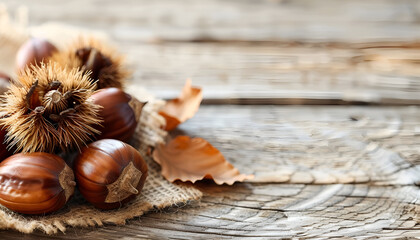 Fototapeta premium Sweet fresh edible chestnuts on light wooden table, closeup