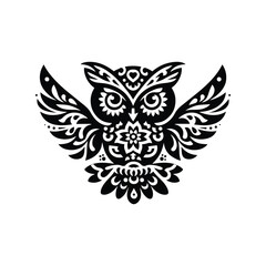 Fototapeta premium Owl bird in folk art black and white silhouette illustration
