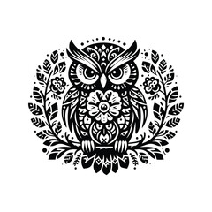 Owl bird in folk art black and white silhouette illustration