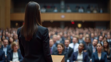 Confident businesswoman in black blazer speaks at podium to audience in modern conference hall