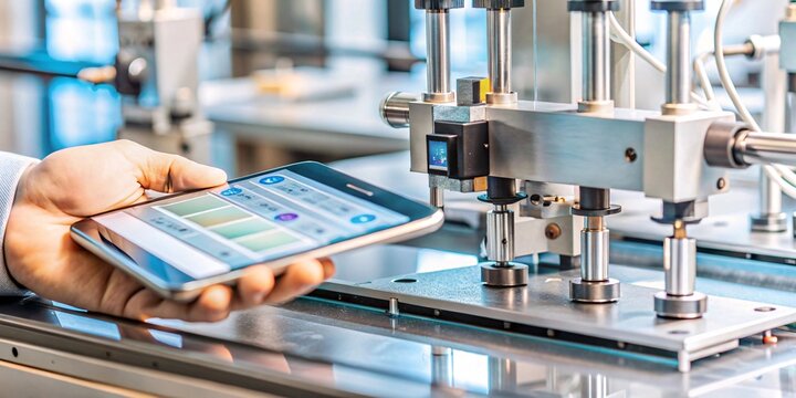 Smart Manufacturing: Controlling Machines with a Tablet. Close-up of a worker's hand using a tablet to monitor and control automated machinery in a modern factory setting.