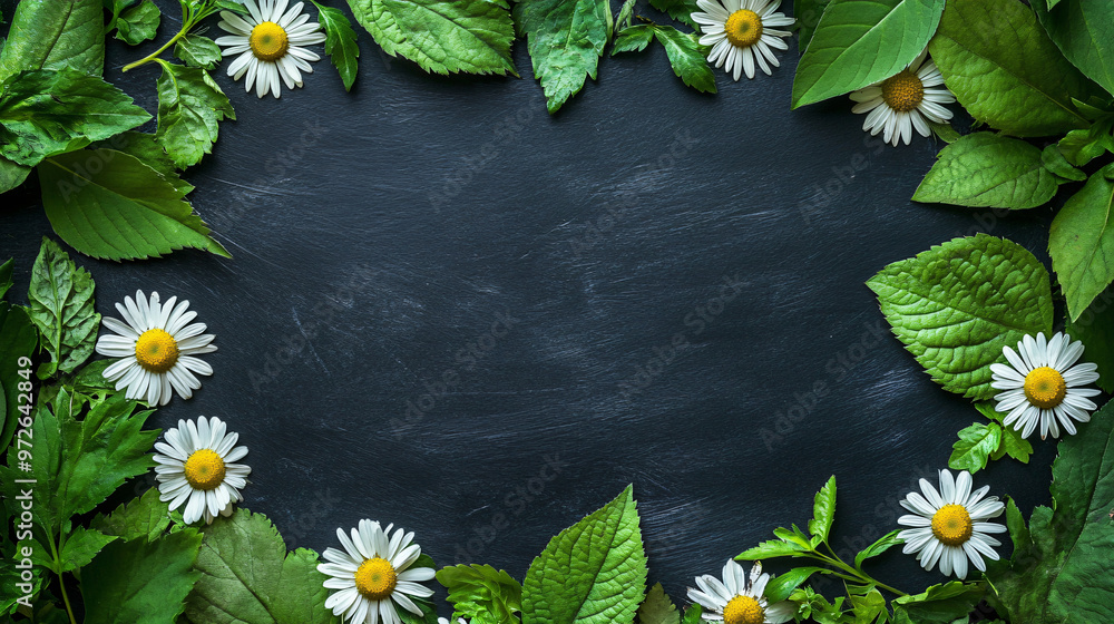 Poster Chamomile flowers and green leaves creating a border on a dark backdrop with space for text in the middle