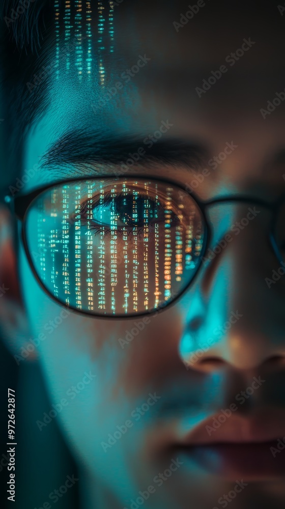 Aufkleber Close-up of code reflection in eyeglasses worn by a focused software developer. Highlighting technology and cybersecurity concepts.